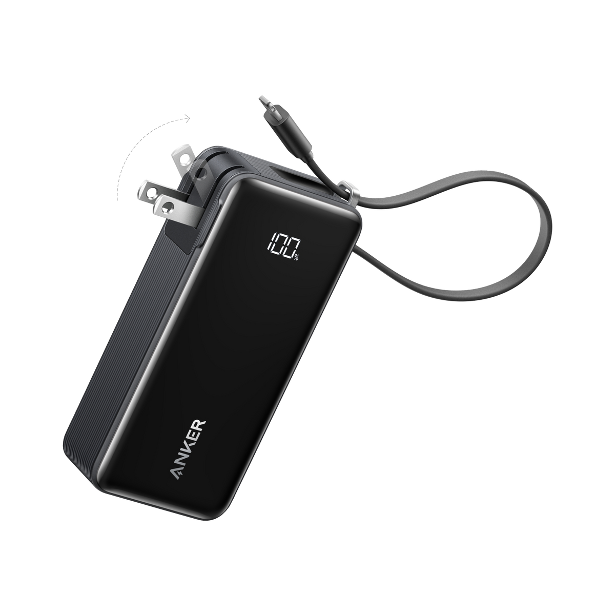 Anker Power Bank 10K with built-in Fusion cable, compact portable charger for smartphones and devices.