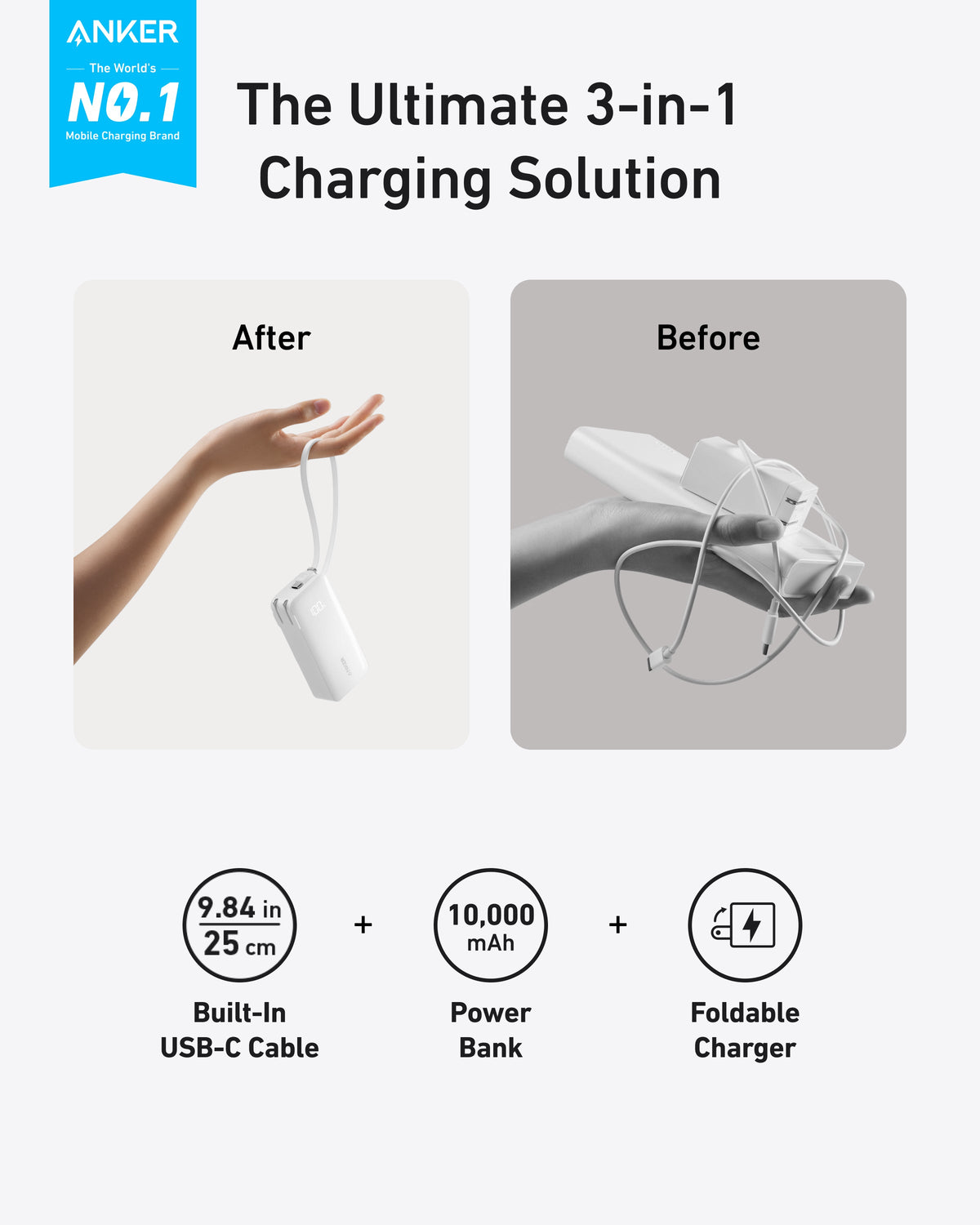 Anker Power Bank 10K Fusion with built-in cable, portable external battery pack for charging devices on the go.