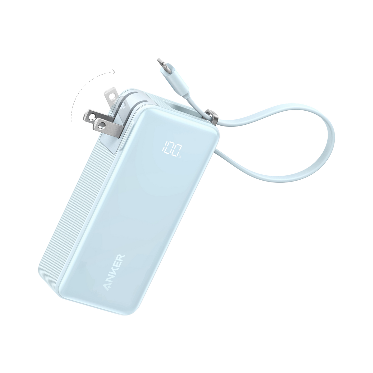 Anker Power Bank 10K Fusion with built-in cable, portable portable charging device on a white background.