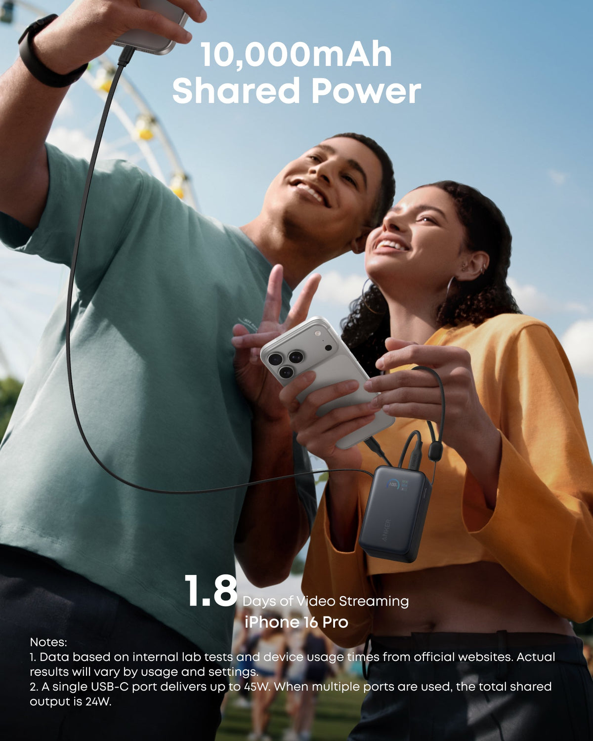 Anker Nano Power Bank with 10,000mAh capacity, 45W charging, and built-in retractable USB-C cable in sleek black.