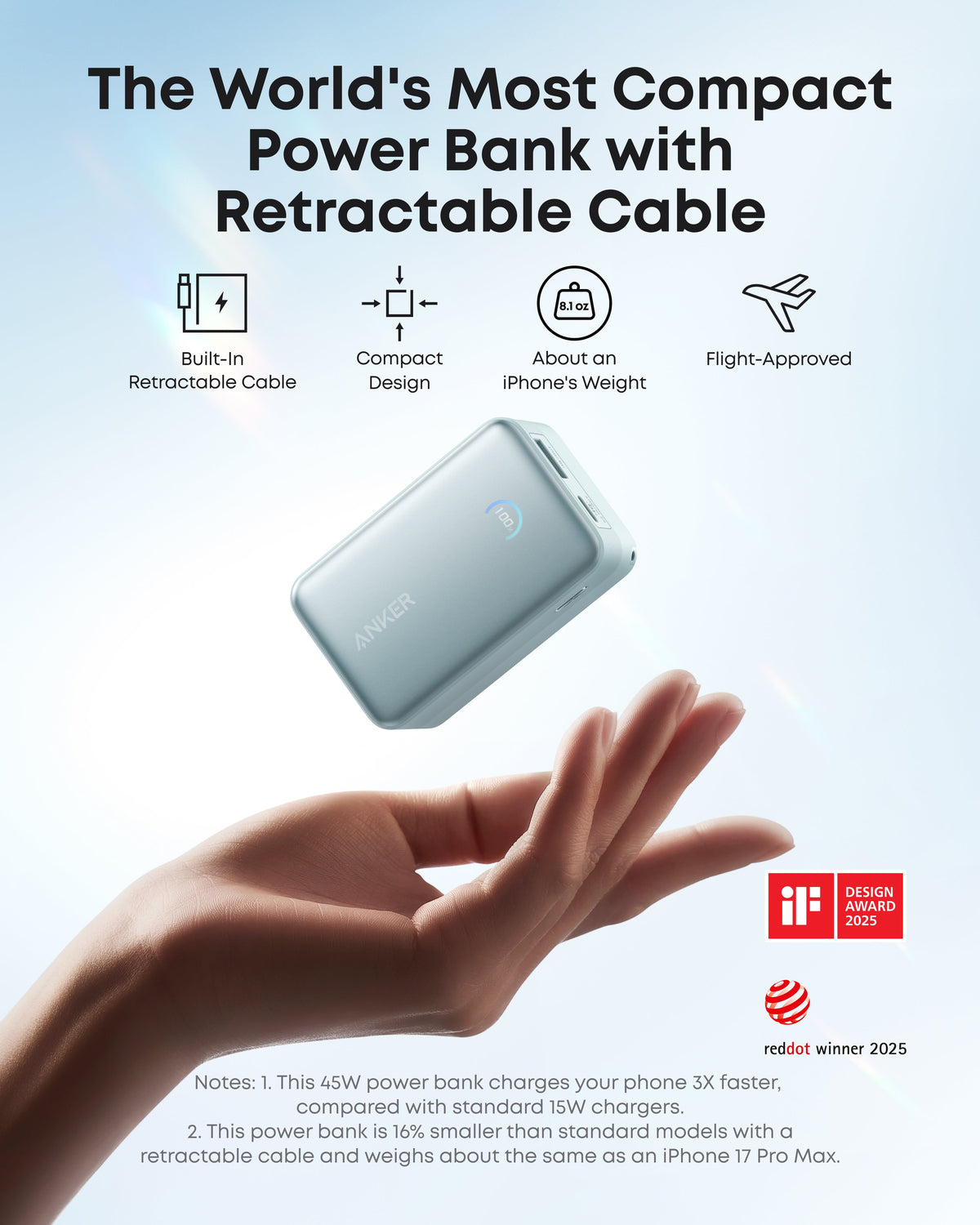 Anker Nano 10K power bank with 45W output and built-in retractable USB-C cable, compact portable charger for devices.