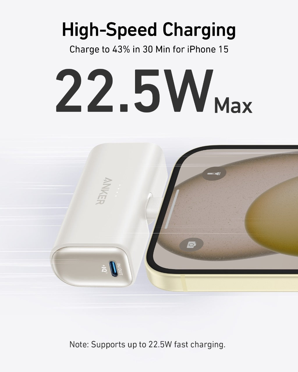 Anker Nano 22.5W power bank with built-in USB-C connector, portable charging device for smartphones and gadgets.