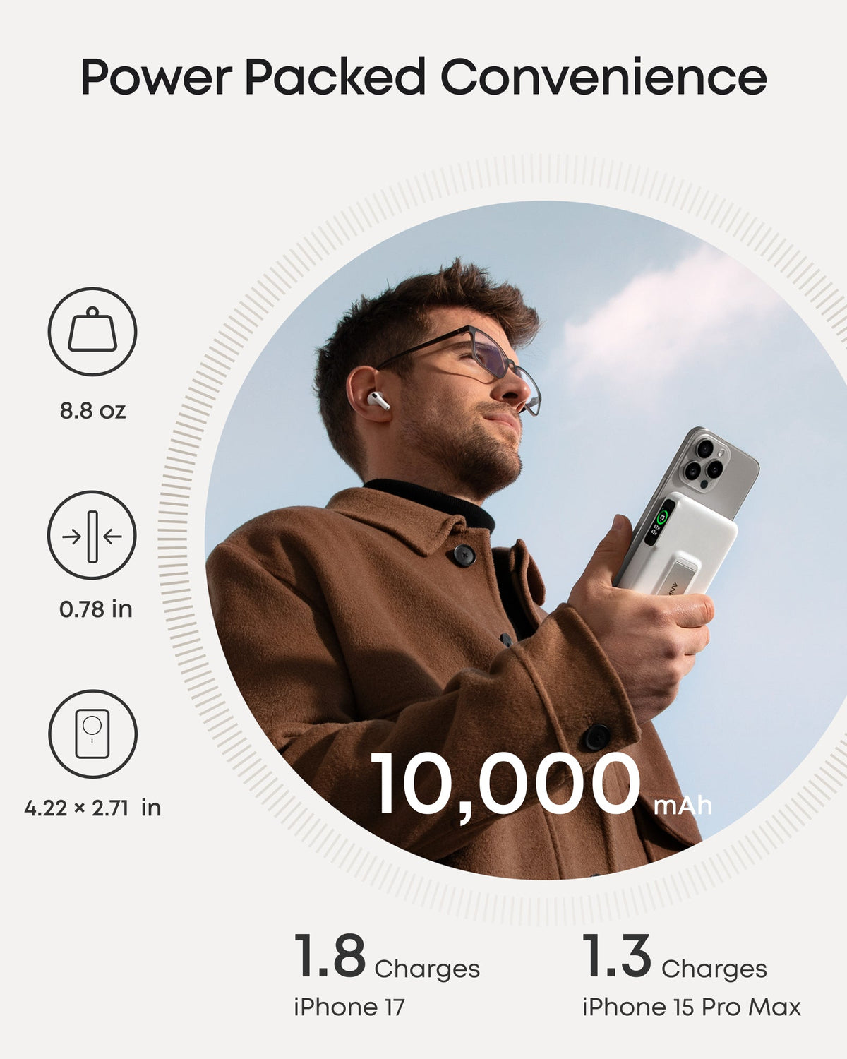 Anker MagGo Power Bank 10K, portable black power bank with MagSafe-compatible magnetic charging connector and digital display.