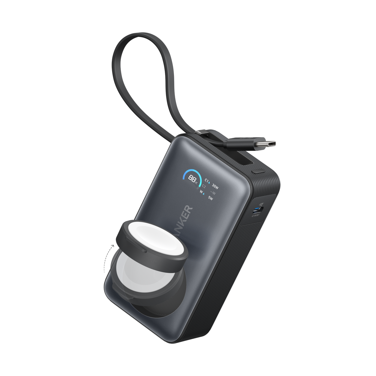 Anker MagGo 10K 35W power bank with Apple Watch charging pad and USB-C port, compact portable power solution.