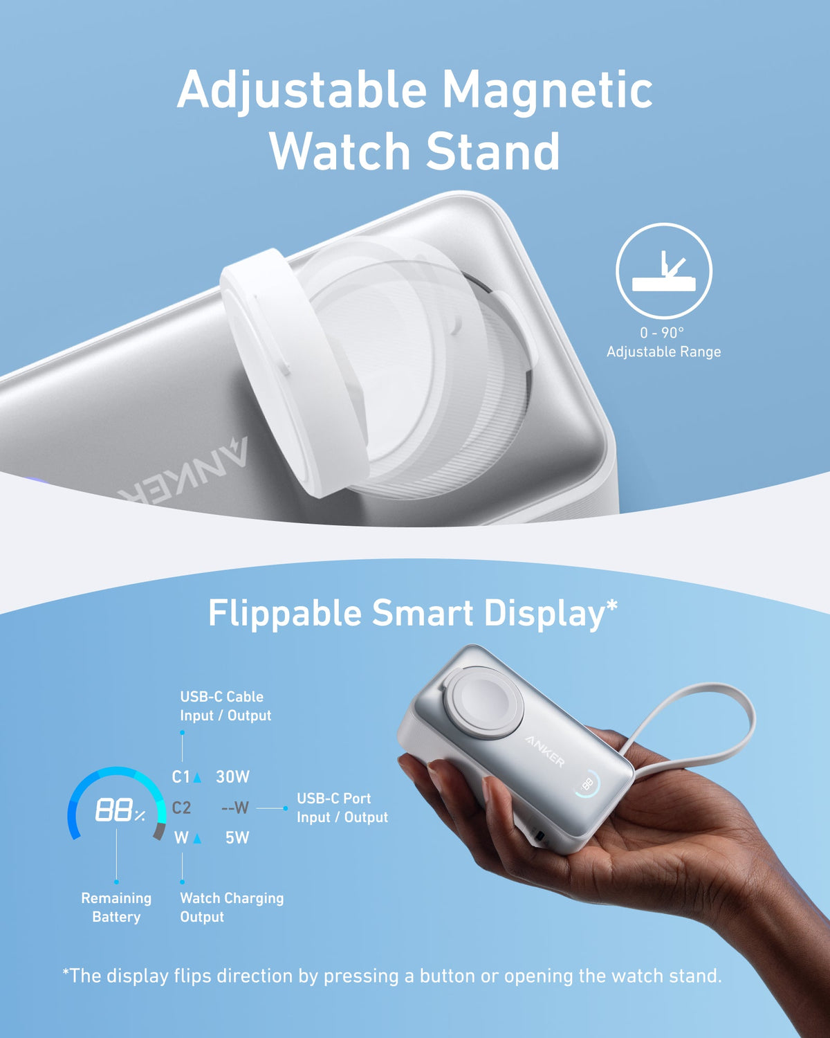 Anker MagGo 10K 35W power bank with Apple Watch charging pad and USB-C port, compact portable power source.