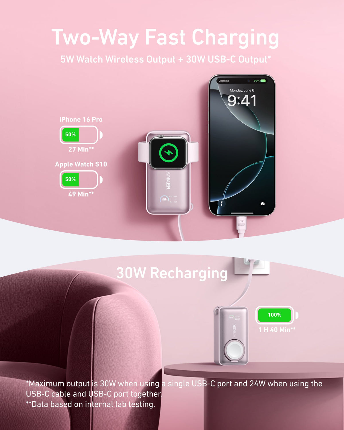 Anker MagGo 10K 35W power bank with magnetic charging for Apple Watch, compact portable design on a white background.
