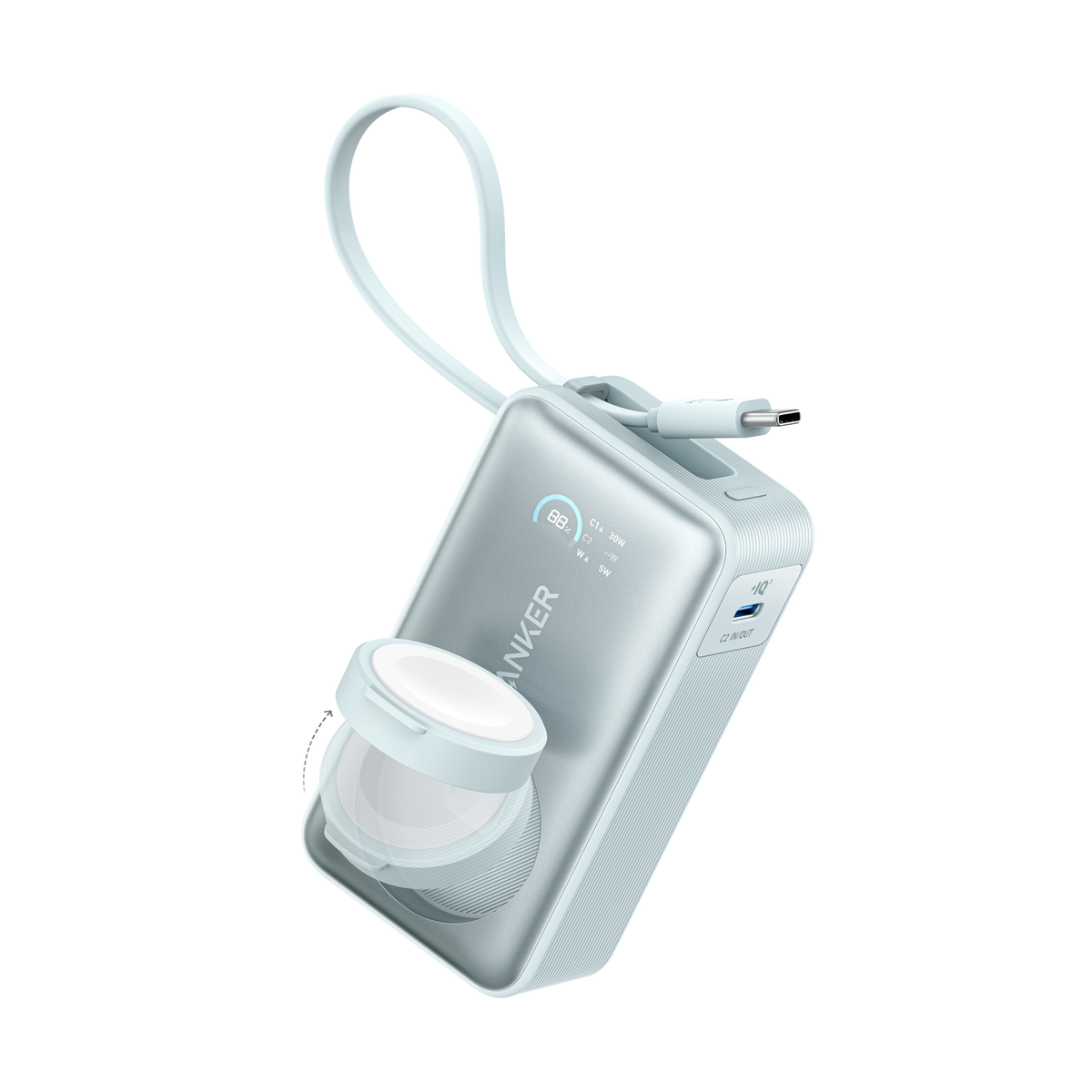 Anker MagGo 10K 35W power bank for Apple Watch, compact portable charger with magnetic charging pad and sleek design.