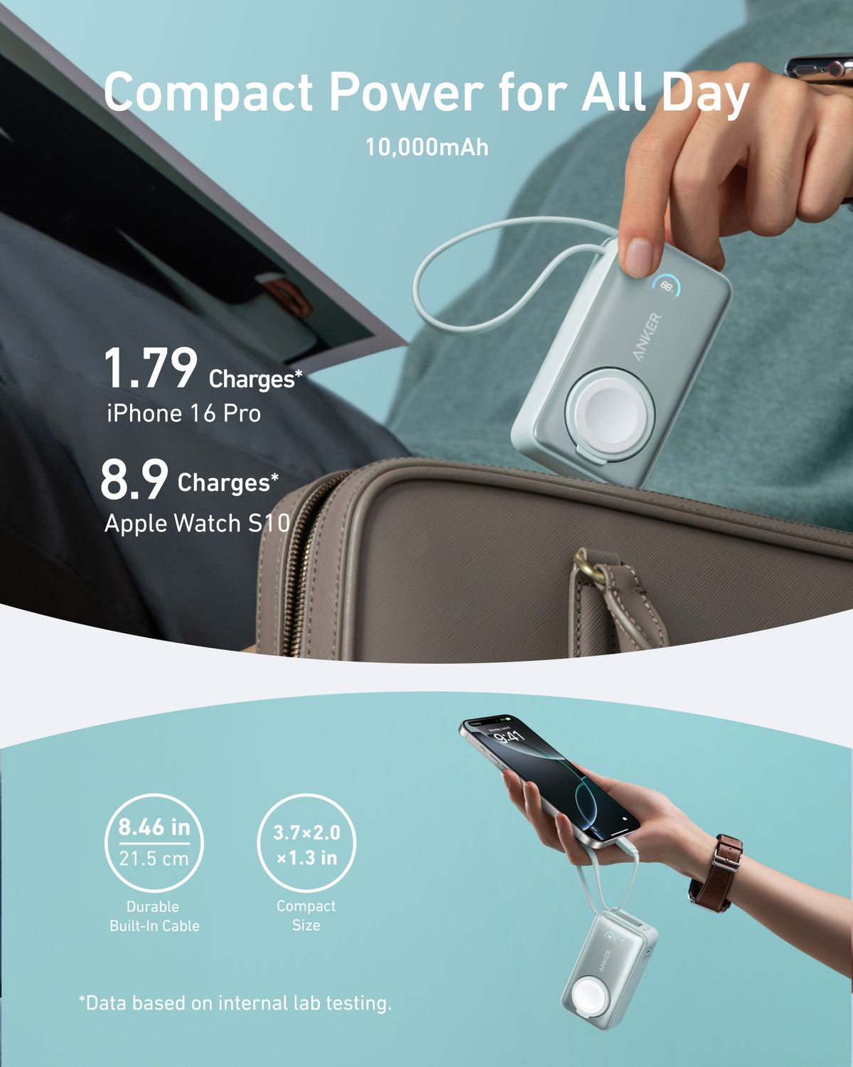 Anker MagGo 10K 35W Power Bank with Apple Watch charging pad and USB-C port, compact portable charger for Apple devices