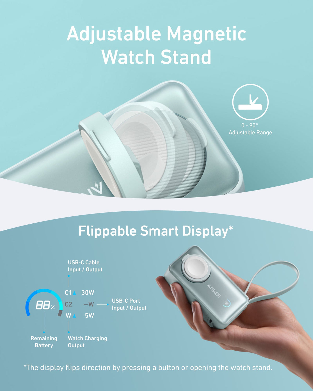 Anker MagGo 10K 35W power bank with Apple Watch charging pad and USB-C port, compact portable power accessory