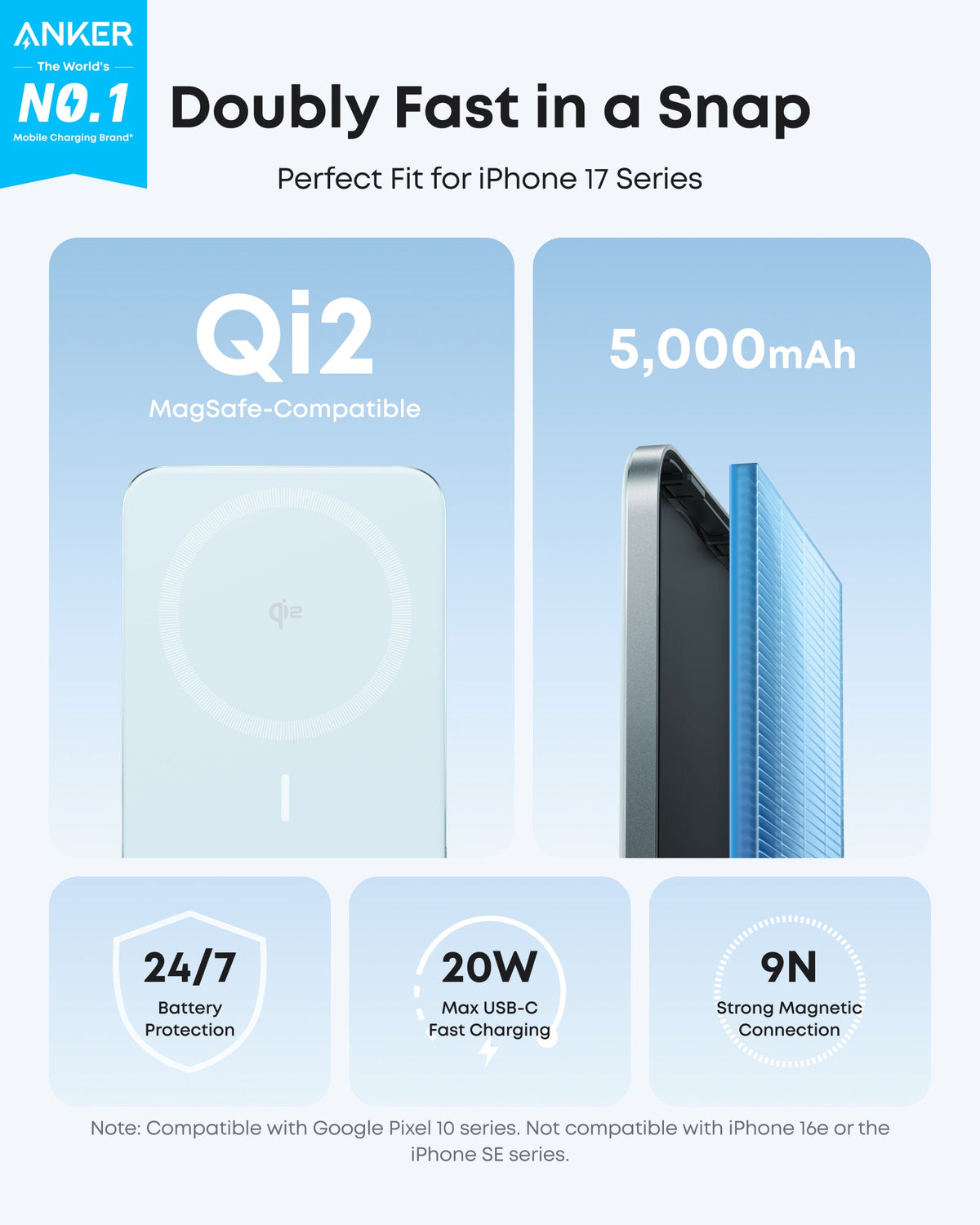Anker Nano 5K MagGo slim power bank with integrated MagSafe-style magnetic charging pad, compact design for mobile devices