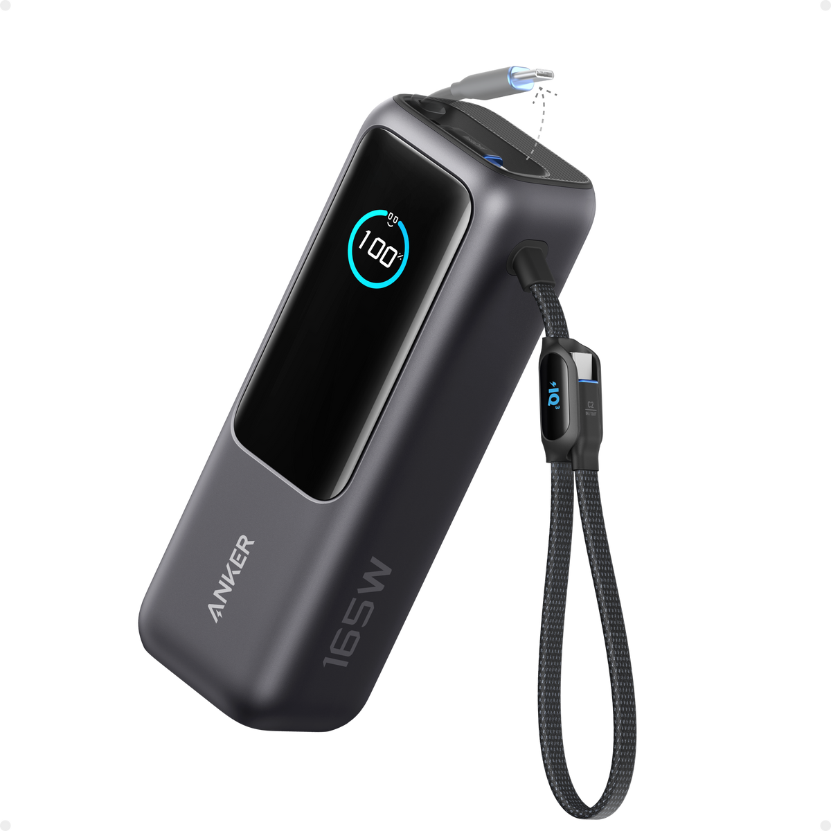 Anker 25,000mAh laptop power bank with 165W capacity featuring built-in and retractable USB-C and USB-A cables.