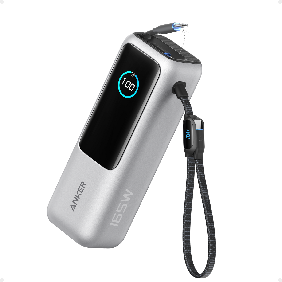Anker 25K 165W laptop power bank with built-in retractable cables, portable charging device for laptops and devices