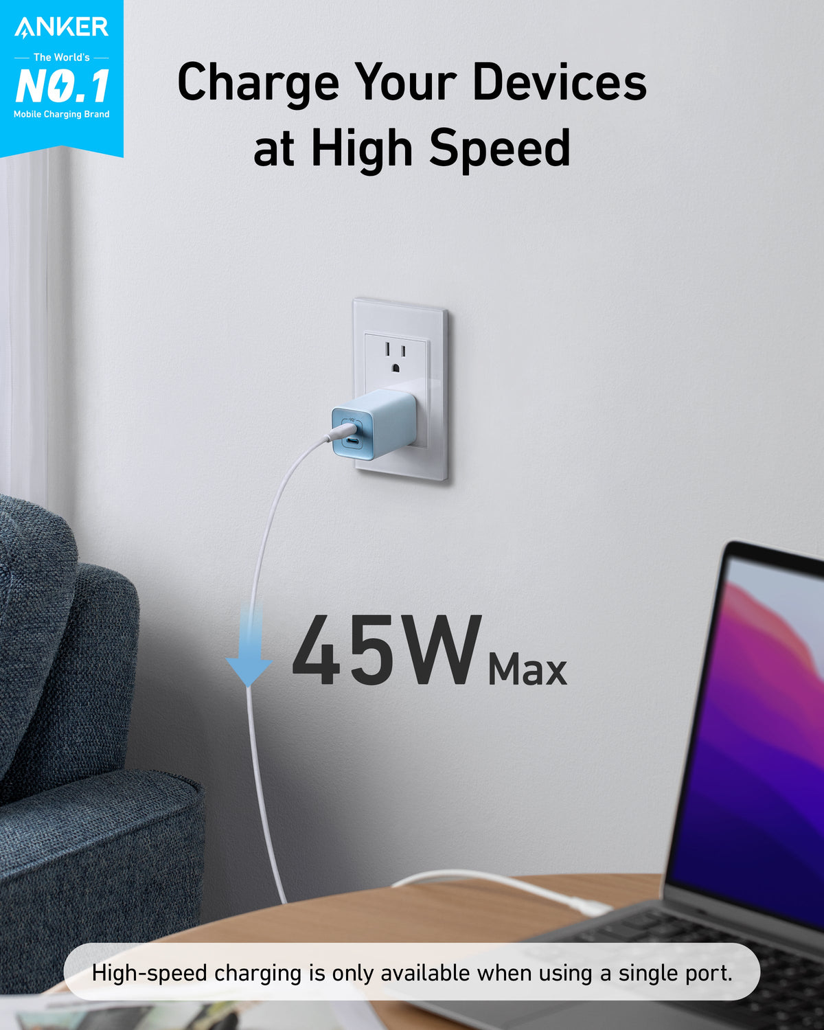 Anker 523 Nano 3 47W fast charger with compact design and USB-C port, suitable for charging smartphones and devices.