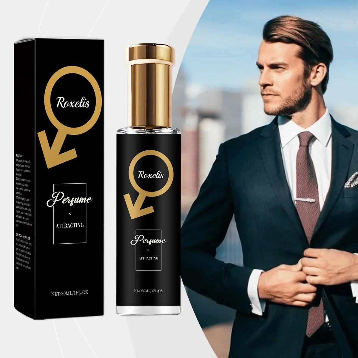 Roxelis 30ml men's pheromone perfume by Blushimmer featuring cedar fragrance, elegant bottle, and romantic scent for dating and body flirting