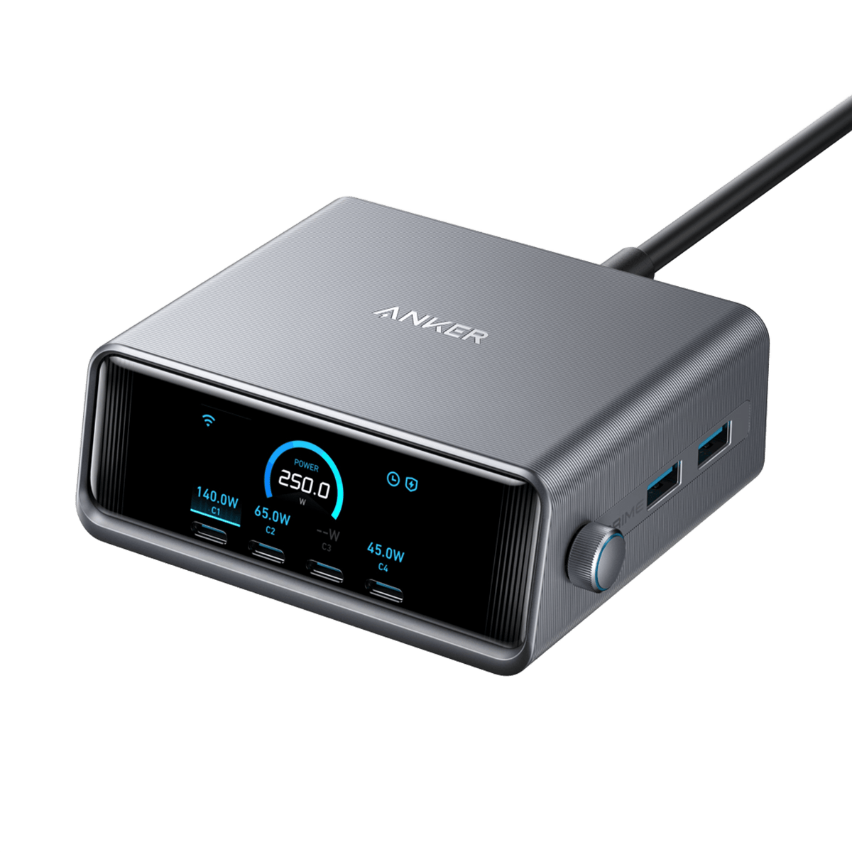 Anker Prime 250W GaN charger with six ports, compact design, and sleek black finish for fast device charging.