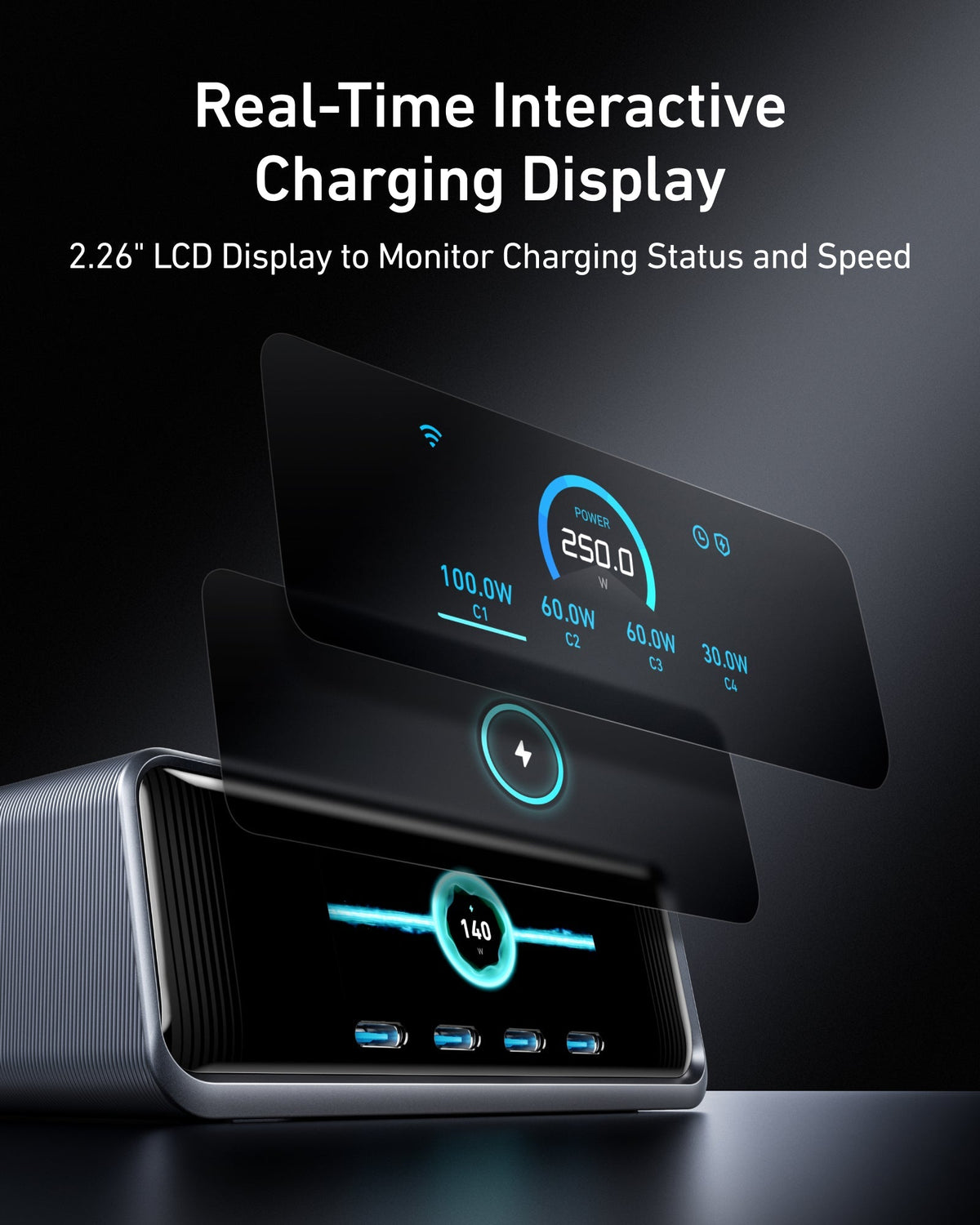 Anker Prime 250W GaN charger with six ports, compact design, and sleek black finish for fast device charging.