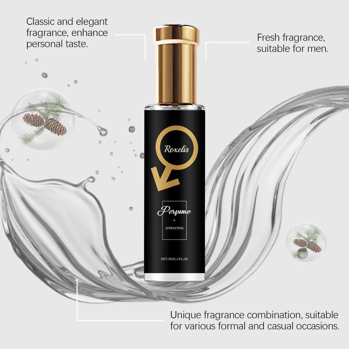Blushimmer Roxelis 30ml men pheromone perfume bottle with cedar fragrance, showcasing a sleek design and romantic scent for dating.
