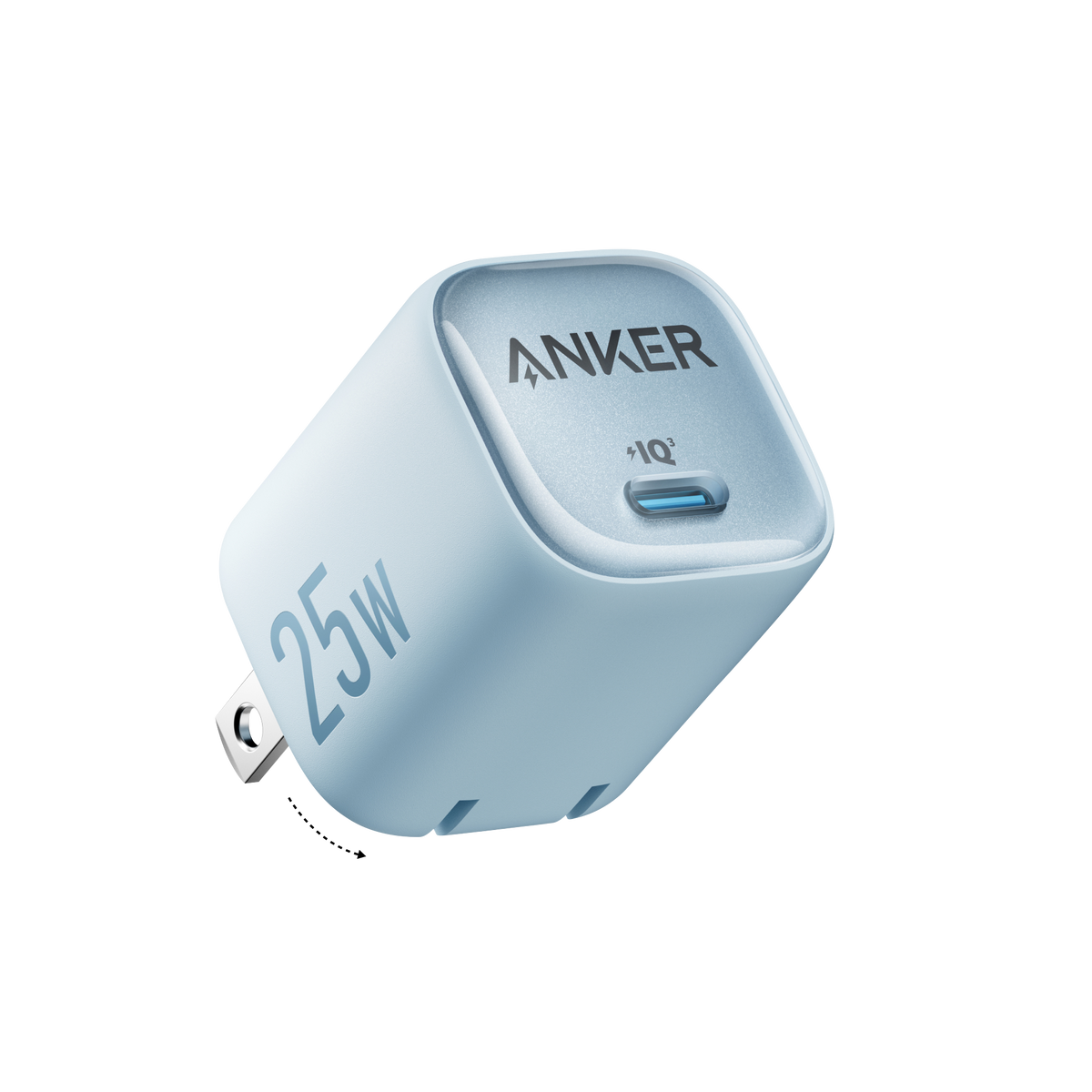 Anker 25W compact charger with USB-C port, featuring a sleek design and foldable plug for portable device charging.