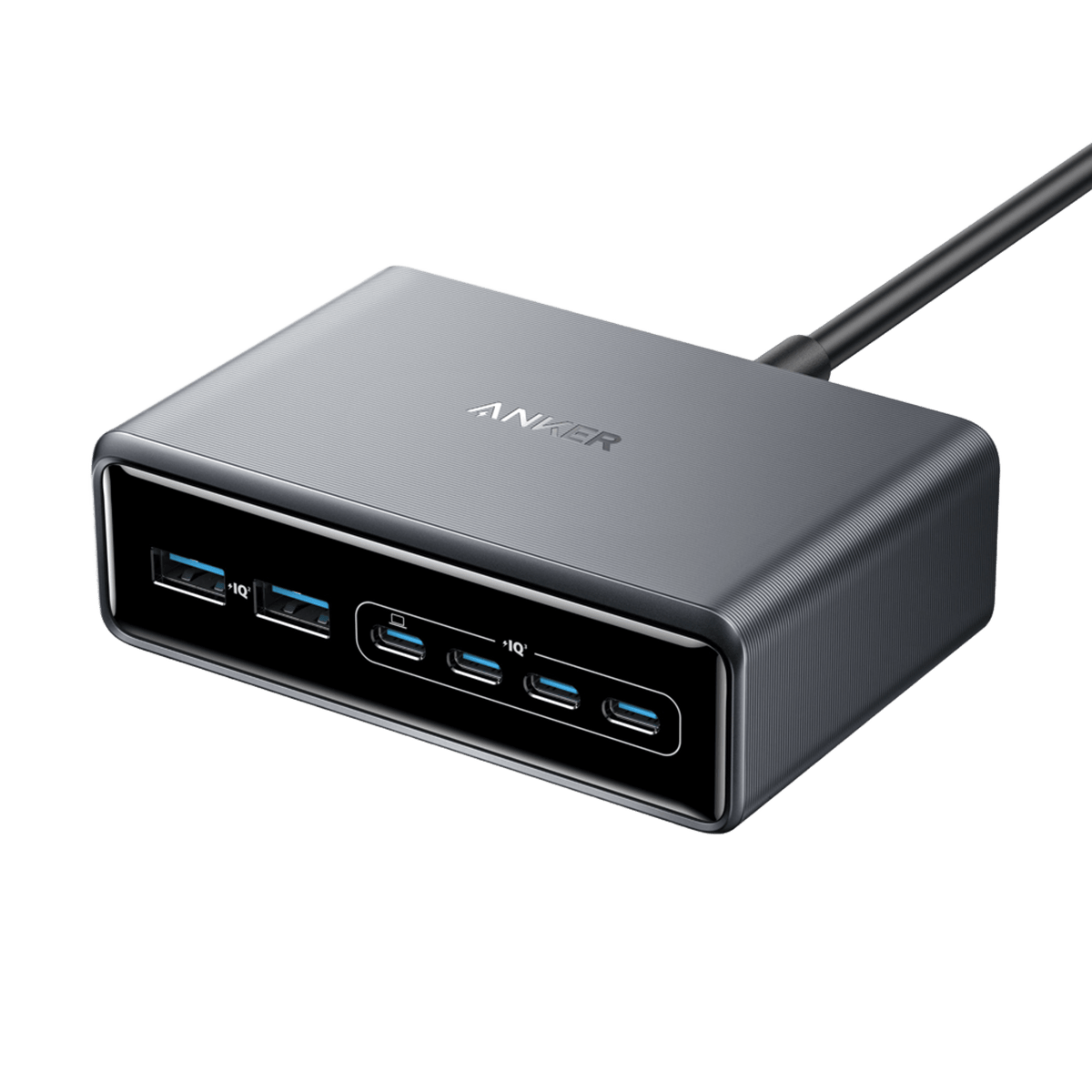 Anker Prime 200W GaN charger with six USB ports, compact design, and sleek black finish.