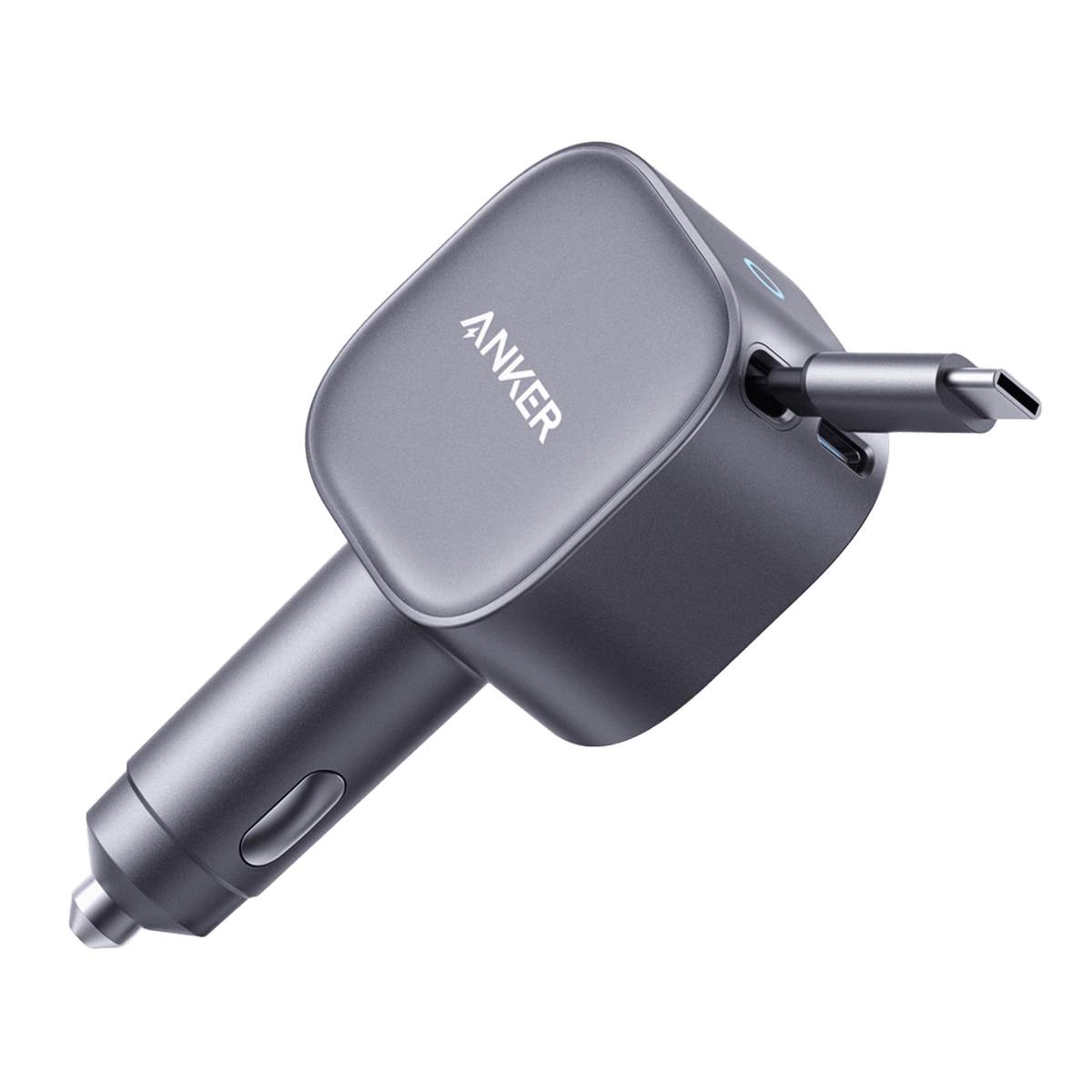 Anker Nano 75W car charger plugged into a vehicle's cigarette lighter socket, compact and sleek design.