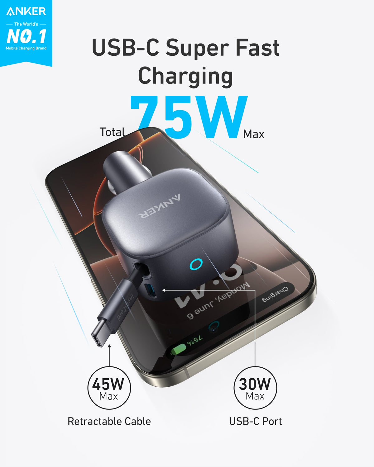 Anker Nano 75W car charger with compact design and USB-C port, suitable for fast charging in vehicles.