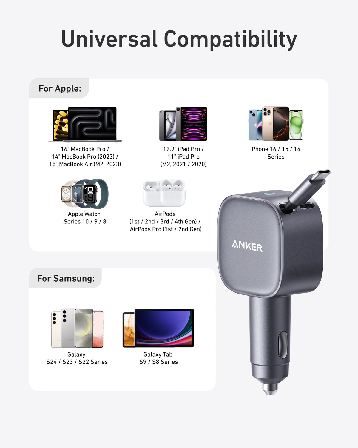 Anker Nano 75W car charger plugged into a vehicle's power outlet, compact design with USB-C port for fast charging.