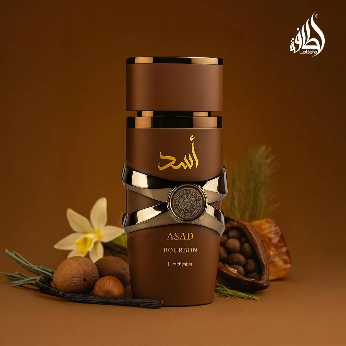 Blushimmer Lattafa Asad Bourbon unisex eau de parfum spray bottle, 3.4 oz (100 ml), with luxurious fragrance and elegant packaging.