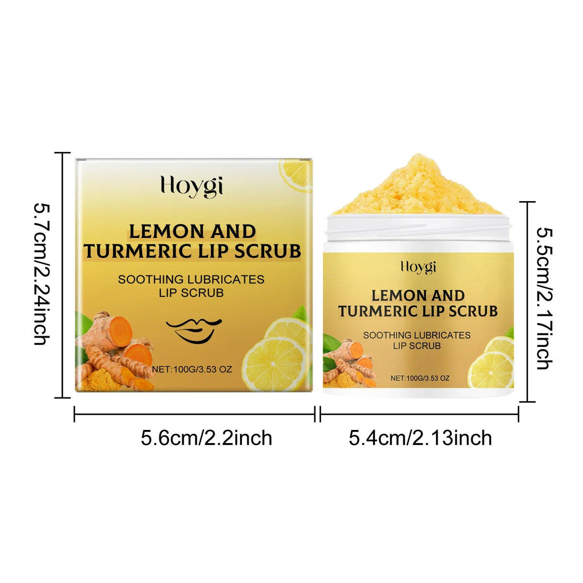 Hoygi Turmeric Lemon Lip Scrub by Blushimmer with a jar of exfoliating, moisturizing lip scrub showing lemon slices and turmeric.