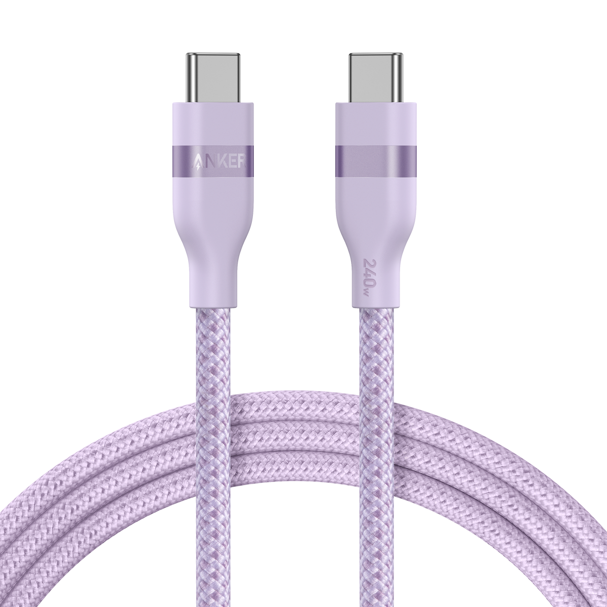 Anker USB-C to USB-C braided cable, available in 3 ft and 6 ft lengths, rated for 240W charging, shown in a close-up image.
