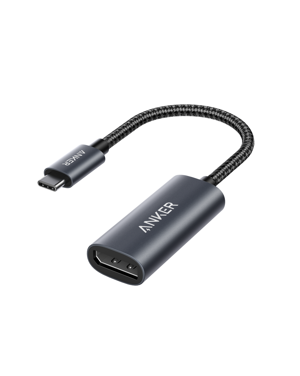 Anker PowerExpand USB-C to DisplayPort adapter showing a compact black connector for connecting USB-C devices to DisplayPort monitors