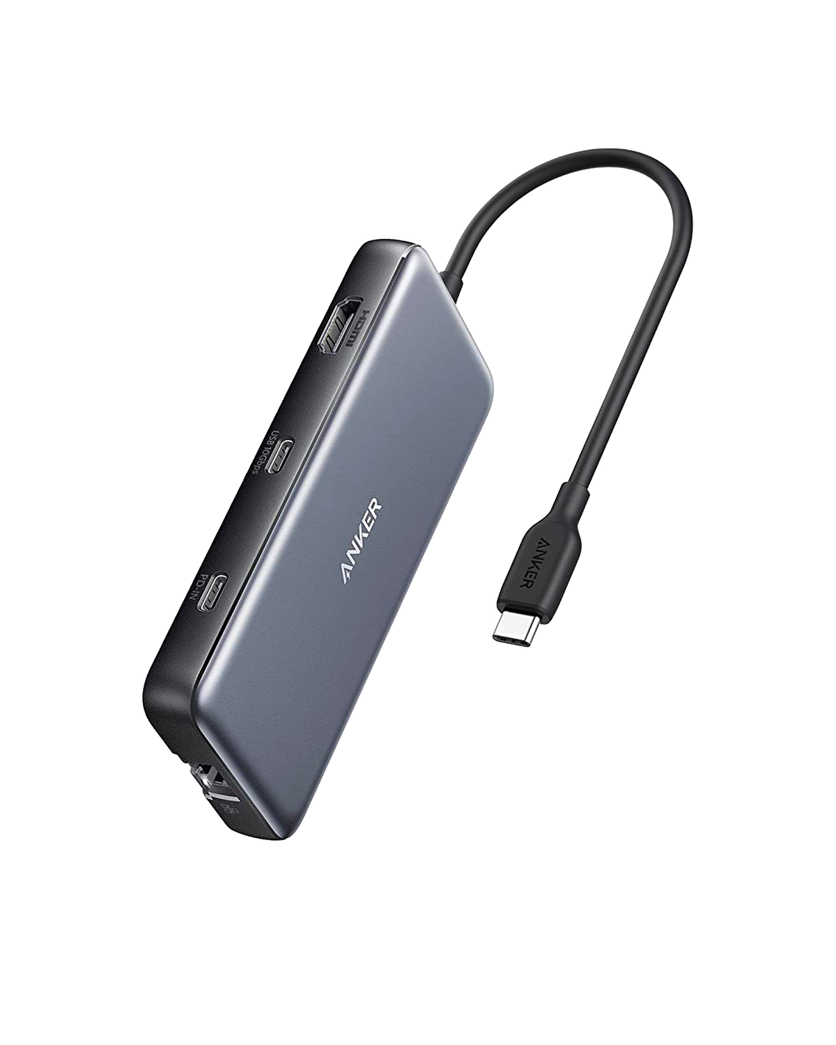 Anker 555 USB-C Hub 8-in-1 charging station with multiple ports for laptops and devices, shown with connected cables.