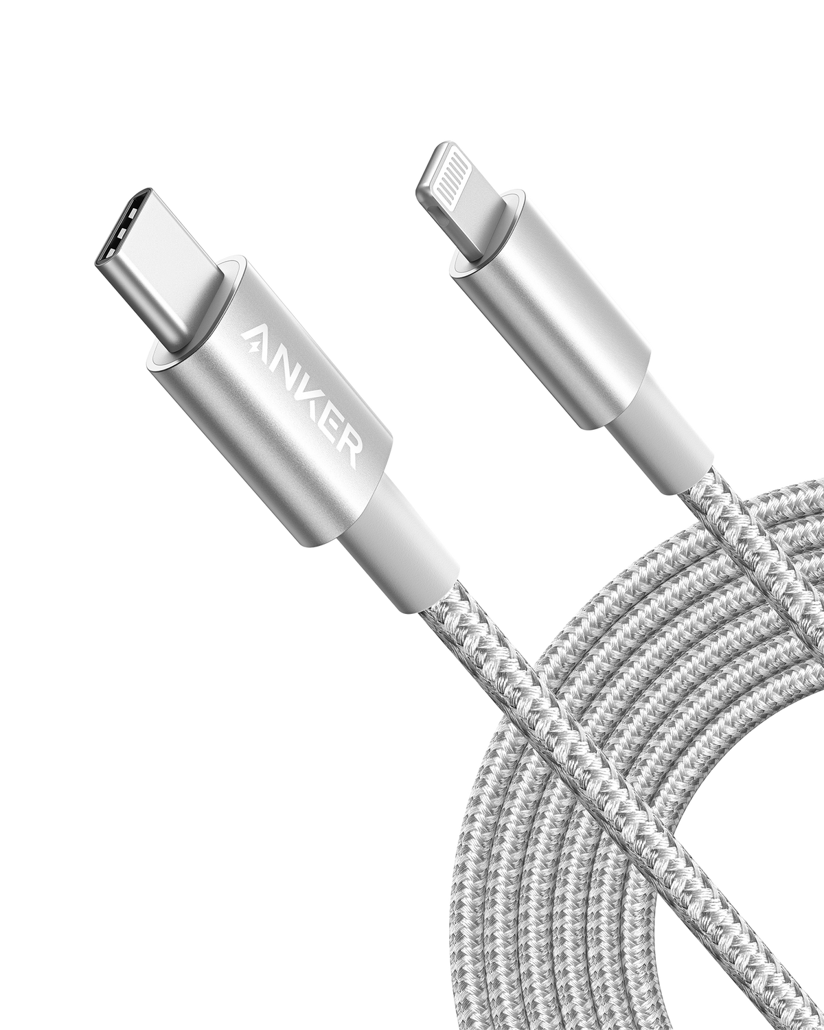 Anker 331 USB-C to Lightning charging cable with white connectors and flexible cable design for Apple device charging.