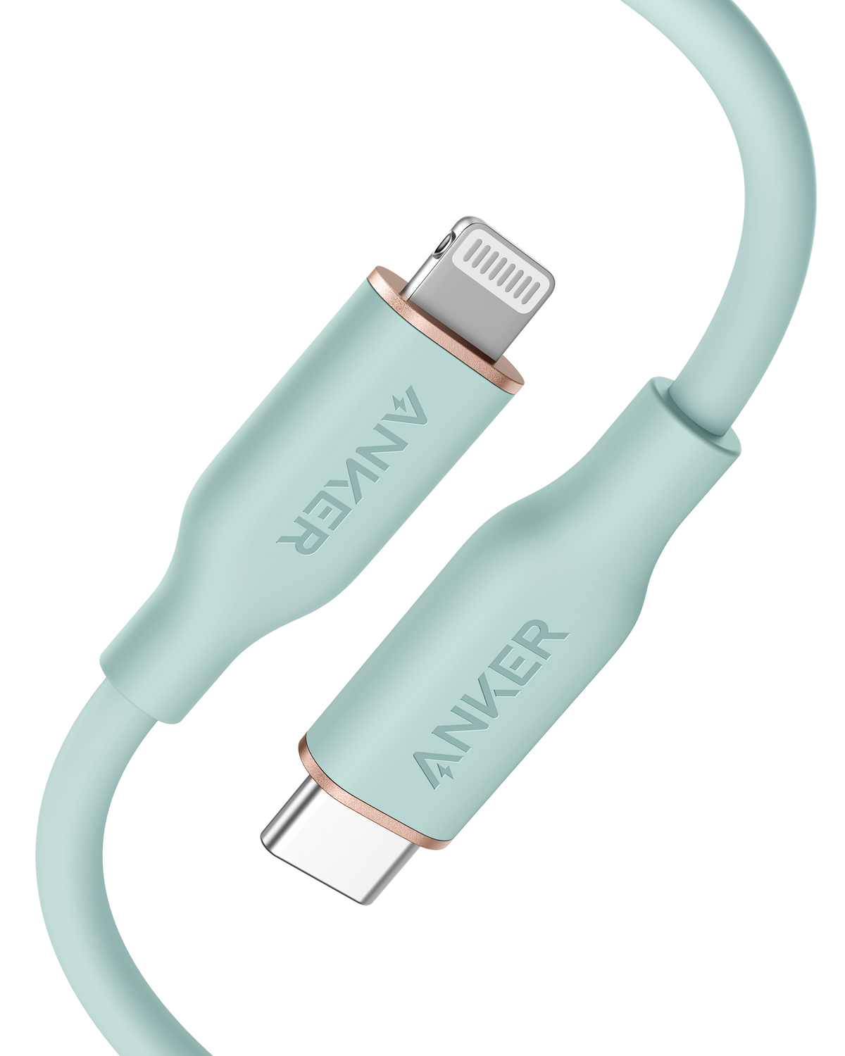 Anker 641 USB-C to Lightning Cable, 3 ft silicone cable with Flow design, shown with connector ends and flexible silicone material.