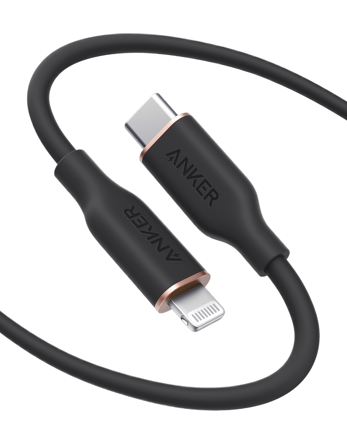 Anker 641 USB-C to Lightning cable, 3 ft silicone flow design, shown coiled with connectors visible for iPhone charging and data transfer.
