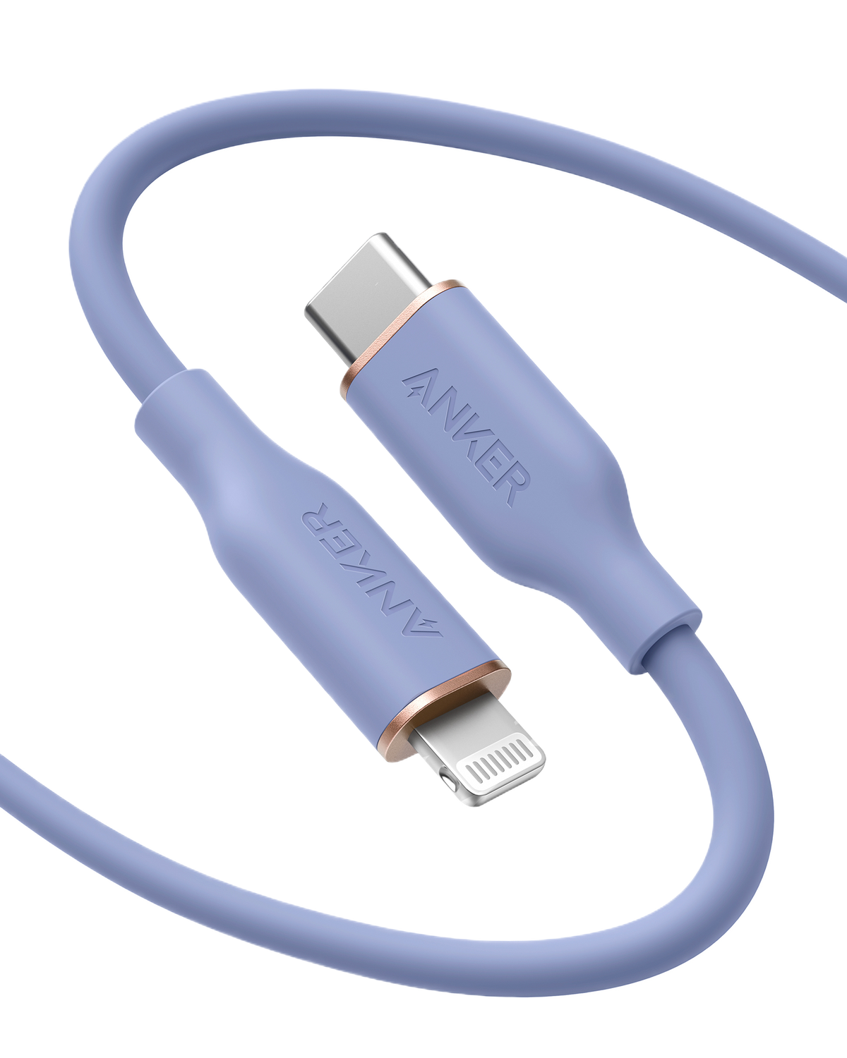 Anker 641 USB-C to Lightning cable with flow design, 3-foot length, silicone material, shown coiled with connectors visible.