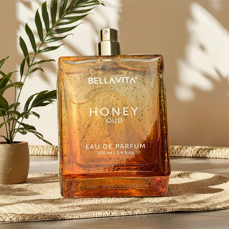 BellaVita Luxury Honey Oud Eau de Parfum by Blushimmer in 3.4 oz bottle, featuring a sleek design and unisex fragrance.