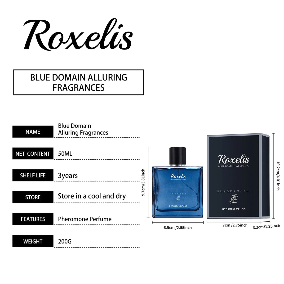 Roxelis 50ml Charmig Cologne perfume spray for men, featuring a sleek blue bottle, lasting scent with pheromones for romantic flirting.