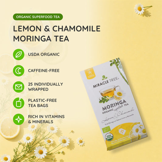 Organic Moringa Tea by Miracle Tree, lemon and chamomile herbal tea in a teacup, caffeine-free and soothing.