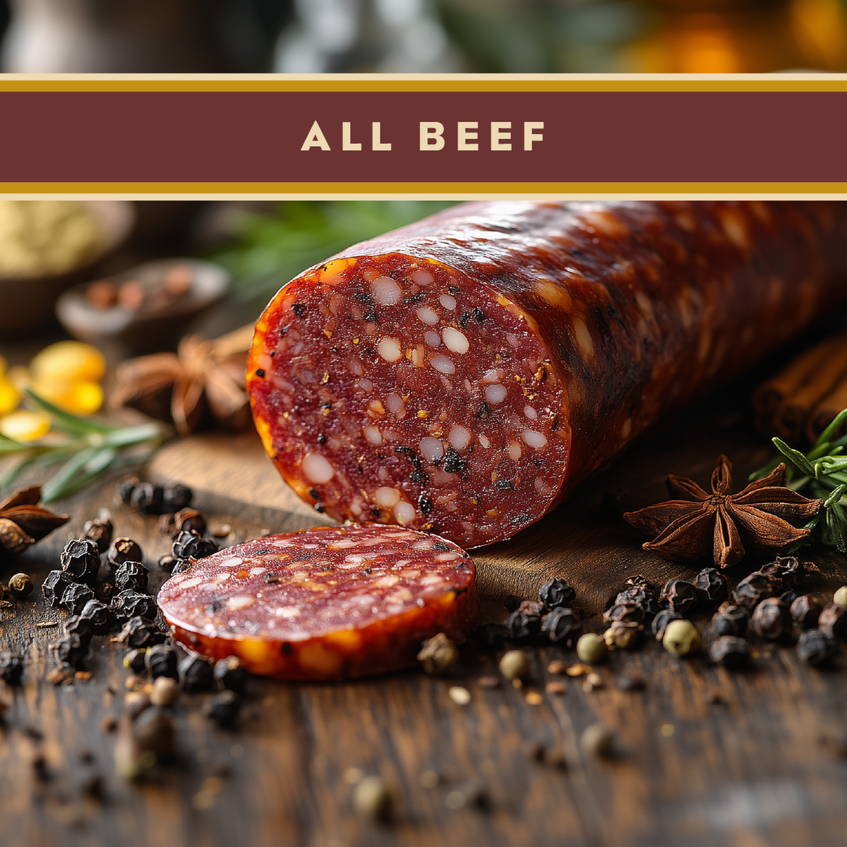 Slices of Artas'n Meats all beef summer sausage arranged on a cutting board, showcasing the rich, savory sausage texture.