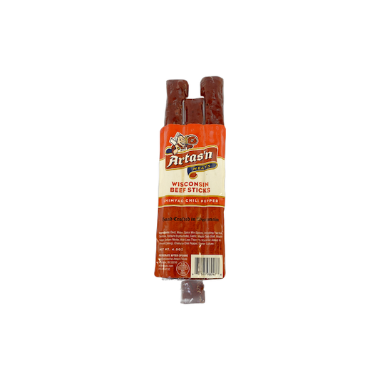 Wisconsin Beef Stick with Chimayo Chili Pepper from Artas'n Meats, showing the spicy beef snack with a chili pepper on the packaging.