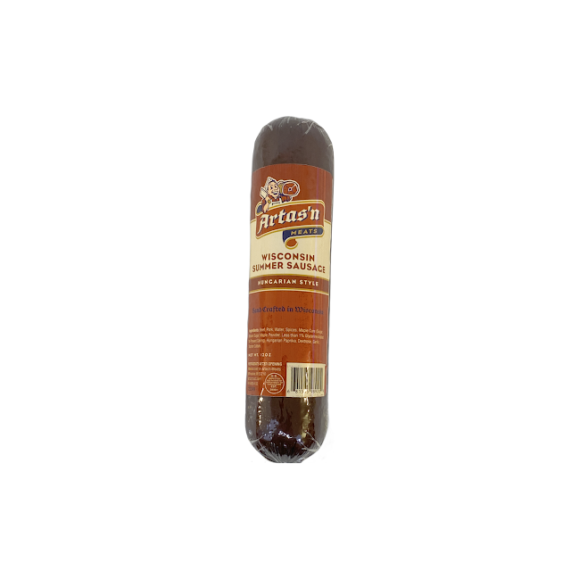 Hungarian style summer sausage by Artas'n Meats, 12oz, sliced and ready to serve, showcasing its rich texture and traditional flavor.