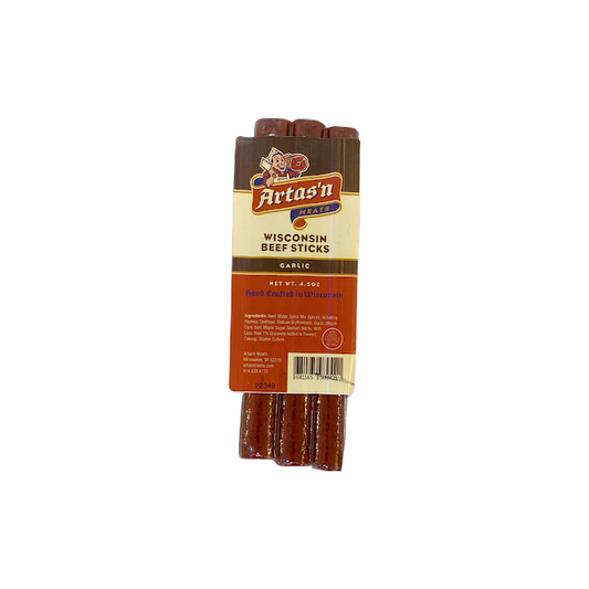 Wisconsin Garlic Beef Stick sausage from Artas'n Meats, featuring a close-up of the seasoned beef sausage on a wooden surface