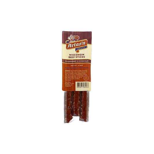 Wisconsin Beef Stick by Artas'n Meats with cranberries and cheddar cheese, showing the beef snack with cranberry pieces and cheese chunks.