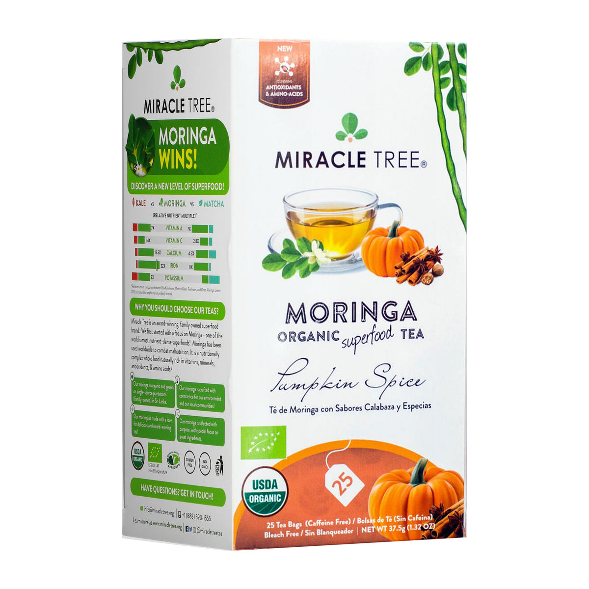 Organic Moringa Tea by Miracle Tree, caffeine-free herbal tea with pumpkin spice flavor, shown in a clear cup and loose tea leaves.