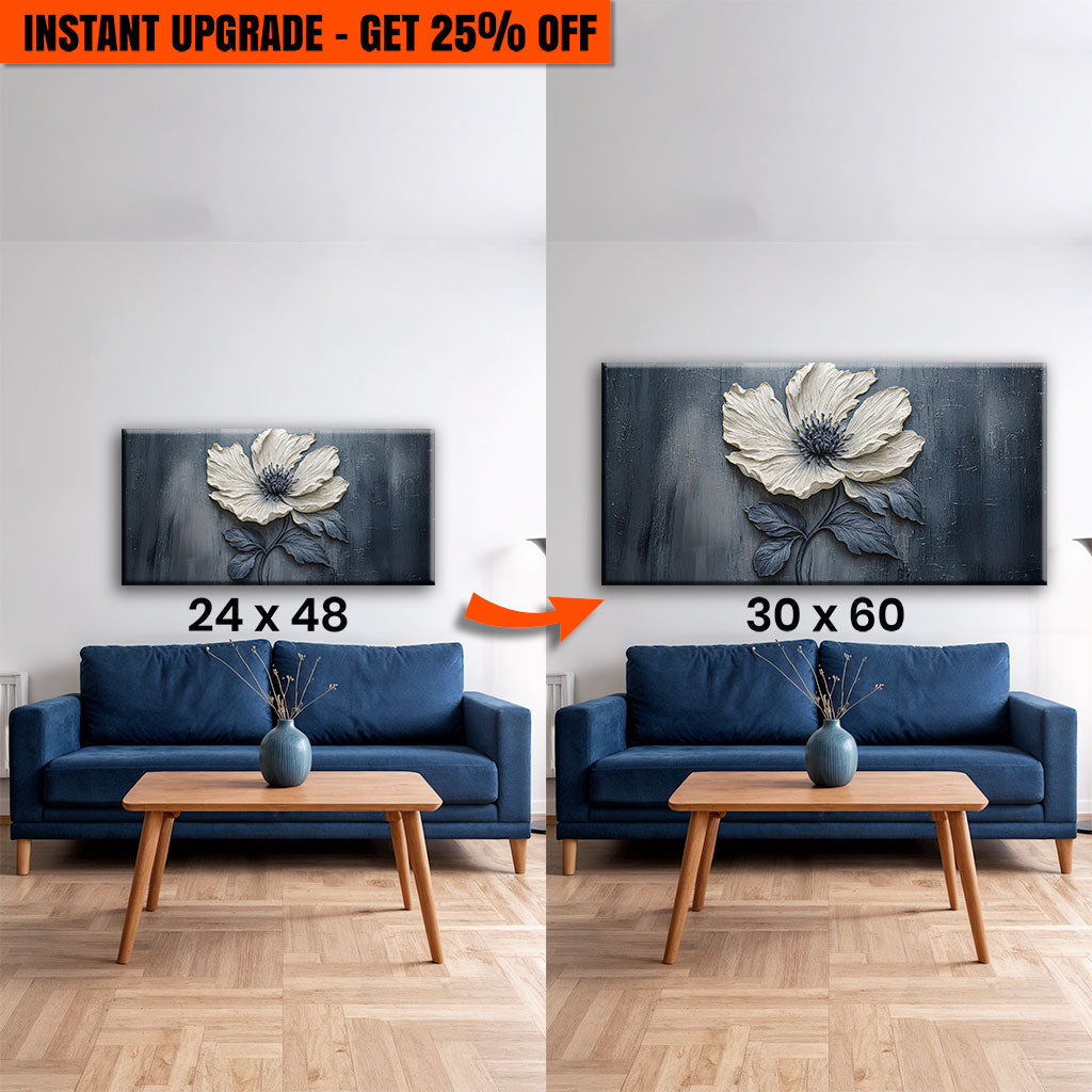 Side-by-side view of a floral clay relief wall art crafting canvas by Tailored Canvases, showing the 48x24 and 60x30 inch sizes.