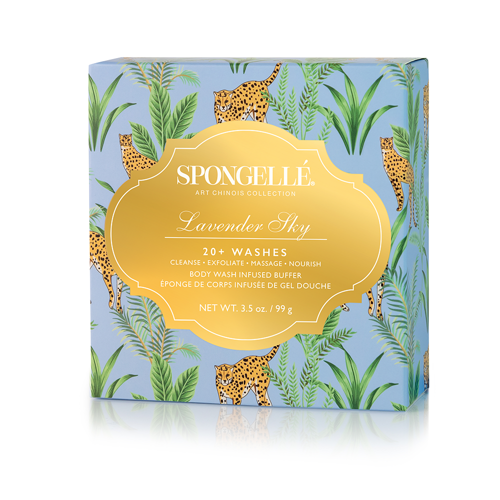 Lavender Sky Art Chinois body wash infused buffer by Spongellé with lavender scent and textured sponge surface for gentle cleansing