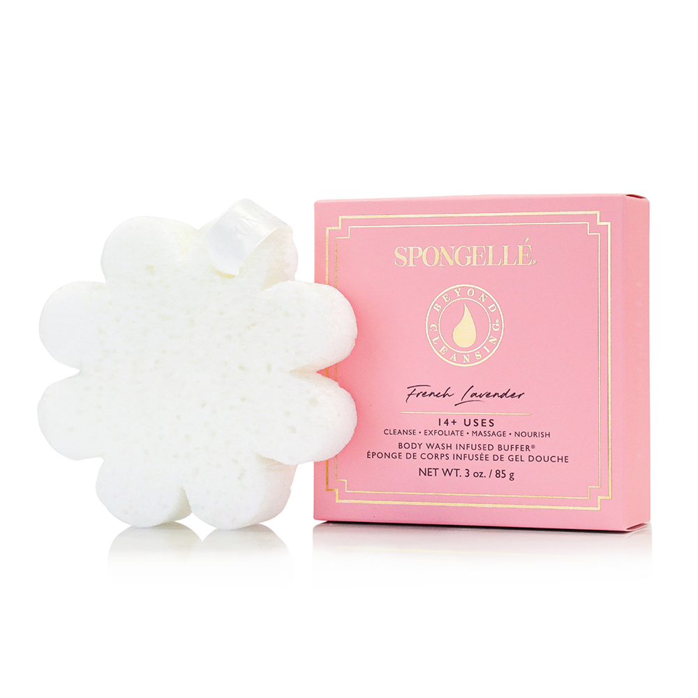 Spongellé Fresh Boxed Flower Set body wash infused buffer with floral design and textured surface for gentle cleansing.