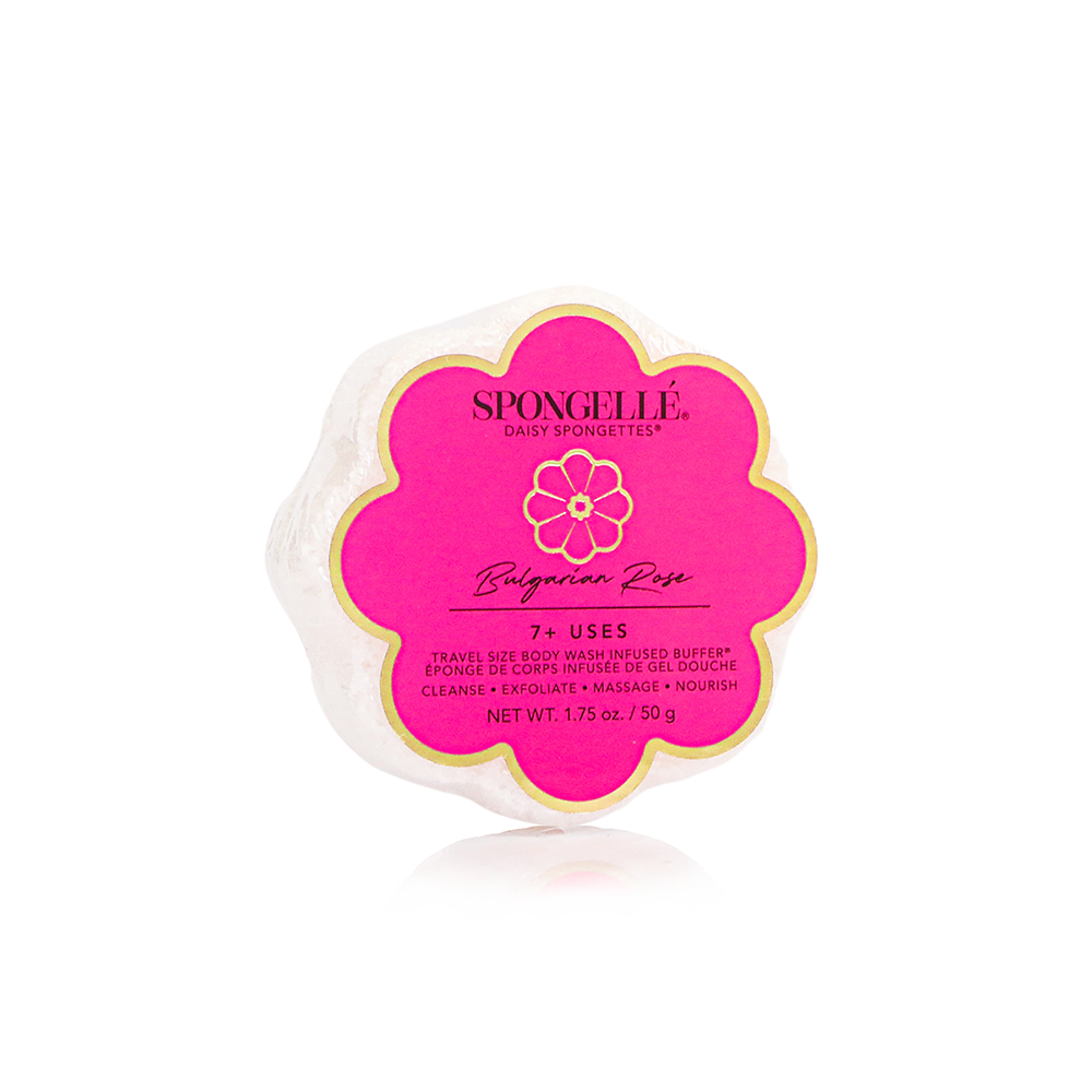 Spongellé Daisy Spongette assorted pack of body wash infused buffers with floral design and colorful sponges.