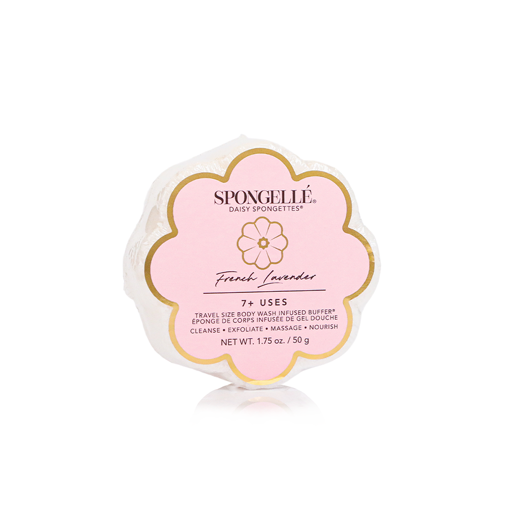 Assorted Daisy Spongette body wash infused buffer pack by Spongellé, showing colorful sponges with floral Daisy design.