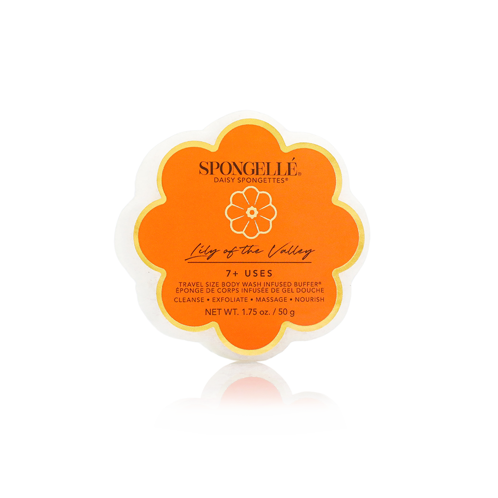Assorted pack of Daisy Spongette body wash infused buffers by Spongellé, showing colorful sponge buffers with floral Daisy design.